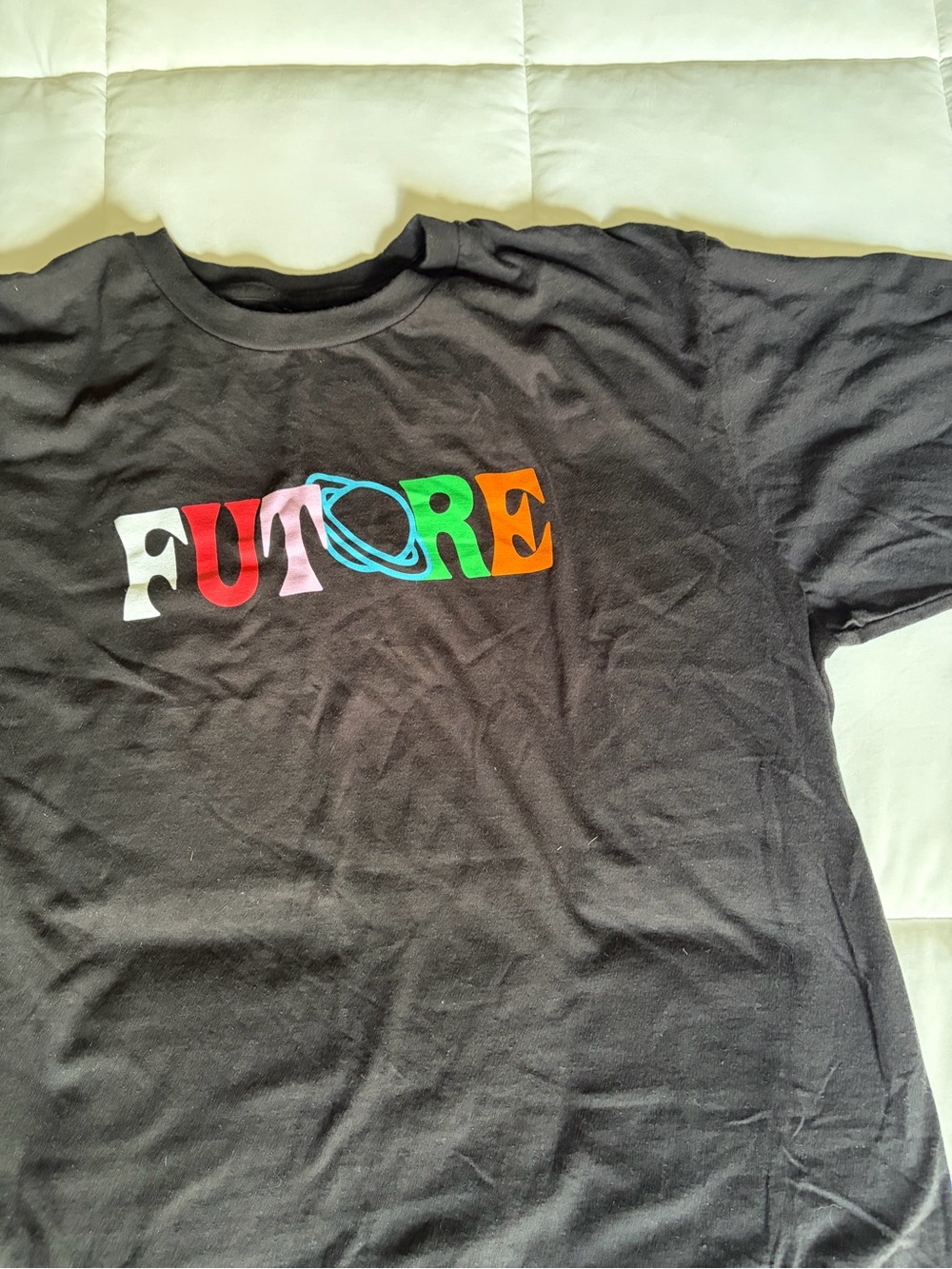 Black Short Sleeve Graphic Tee with Multicolor 'FUTURE' Print